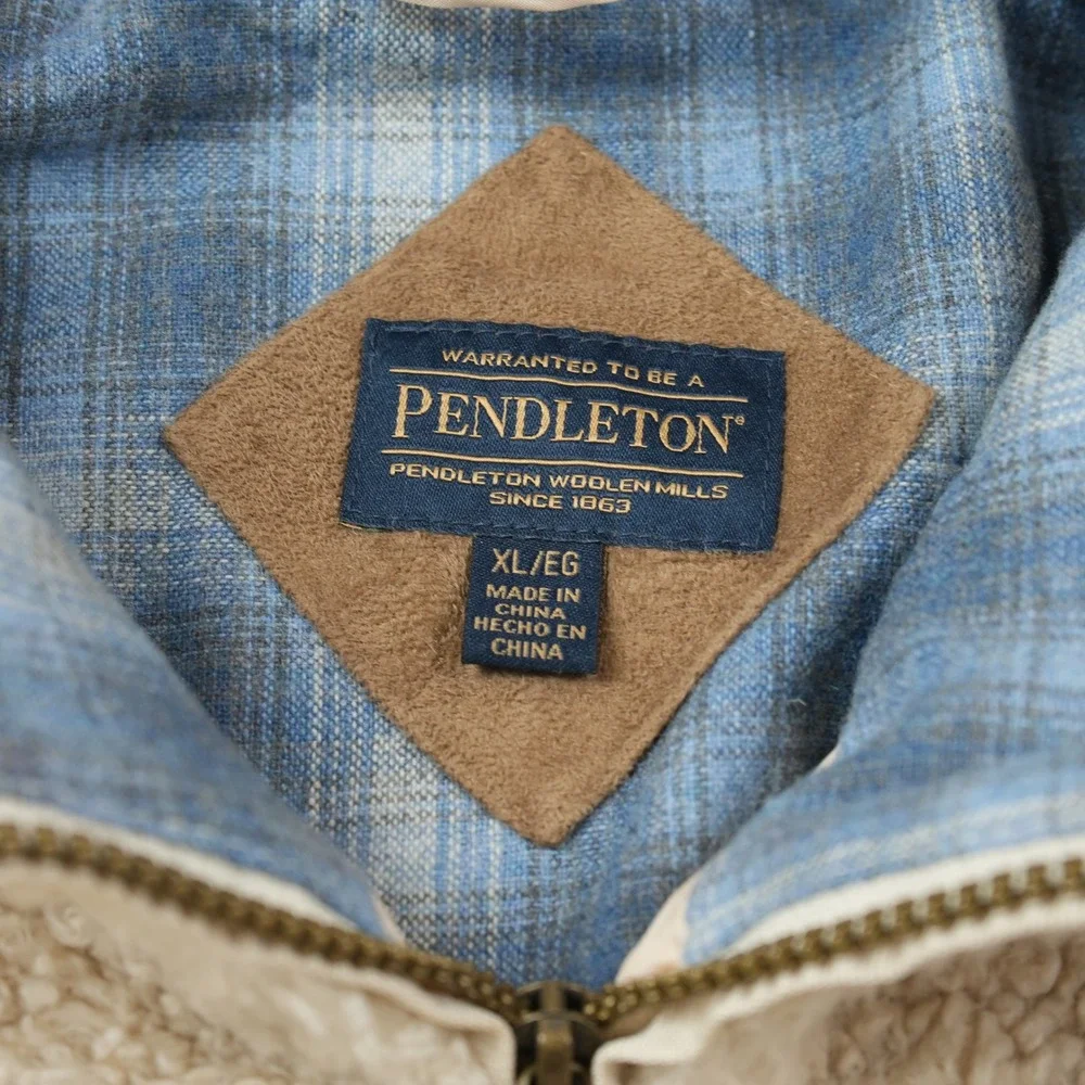 Pendleton Beige Sherpa Fleece Jacket Plaid Wool Lined Full Zip Warm Womens